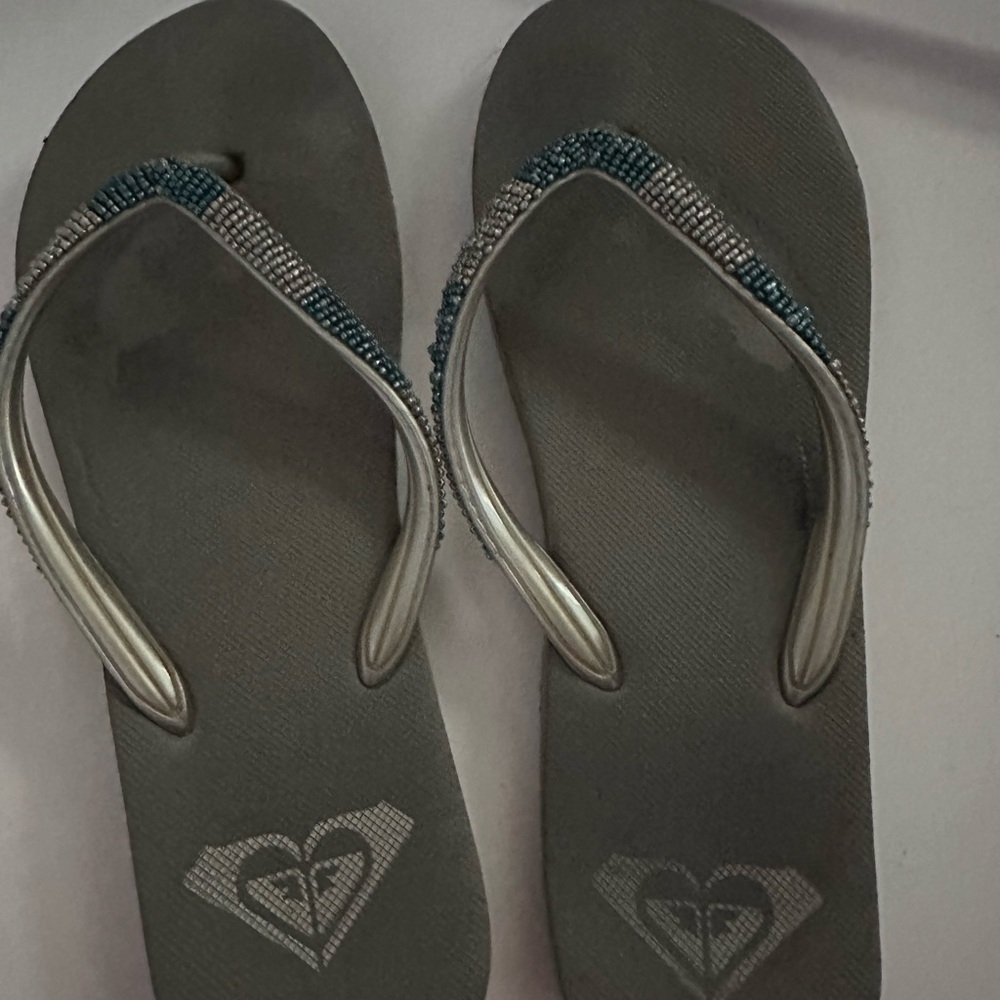 Roxy Gray Flip Flops with Blue and Silver Beaded Straps